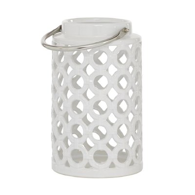 11" White Ceramic Open Circles Lantern With Silver Handle