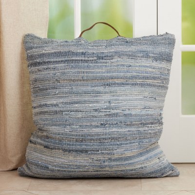 20" Square Blue Denim Chindi Pillow With Handle