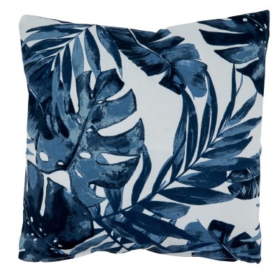 17" Square Dark Blue Tropical Leaves Outdoor Pillow