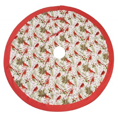 54" Round Cardinals and Holly Branches With Red Piping Tree Skirt