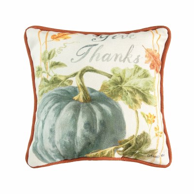 8" Square Give Thanks Green Pumpkin Pillow With Orange Piping Fall and Thanksgiving Decoration