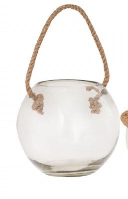 8" Round Clear Glass Ball Vase With Rope Handle
