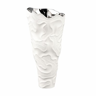 18" White Ceramic Textured Vase With Glazed Silver Interior