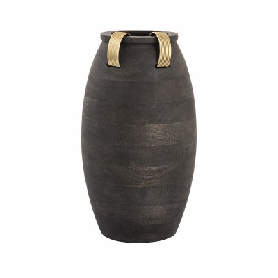 16" Tall Black Mango Wood Vase With Gold Metal Cuffs