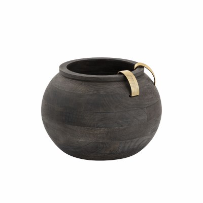 9" Round Black Mango Wood Vase With Gold Metal Cuffs