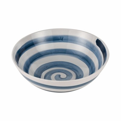 16" Round Dark Blue and White Striped Ceramic Bowl
