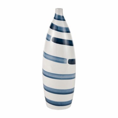 17" Blue and White Diagnol Striped Ceramic Pin Vase