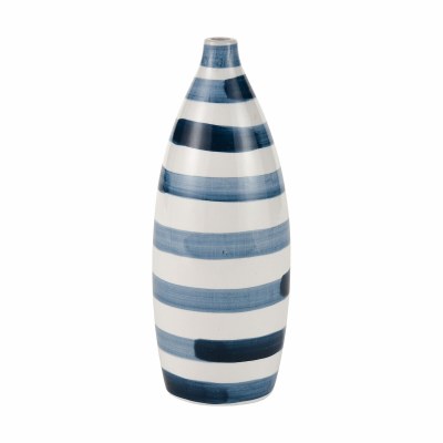 12" Blue and White Striped Ceramic Pin Vase