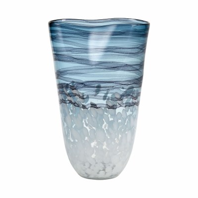 15" Blue and White Watercolor Swirl Glass Wavy Edge Vase