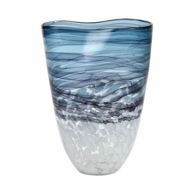 12" Blue and White Watercolor Swirl Glass Wavy Edge Vase