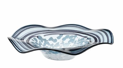 17" Round Blue and White Watercolor Swirl Glass Wavy Edge Bowl