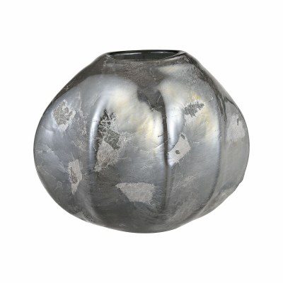 7" Iridescent Gray Glass Round Ridge Vase