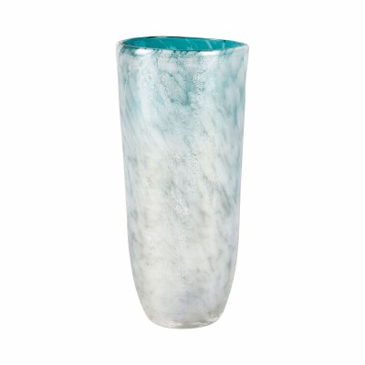 12" Iridescent White and Teal Glass Vase