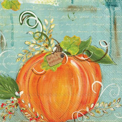 5" Square Orange Pumpkin on Aqua Grace & Gratitude Beverage Napkins Fall and Thanksgiving