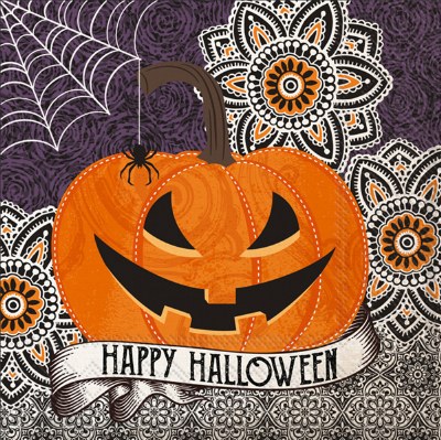 5" Square Happy Halloween Pumpkin With Spider Beverage Napkins Halloween Decoration