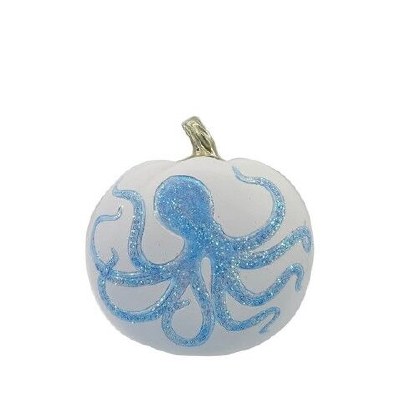 7" White Pumpkin With a Blue Octopus Fall and Thanksgiving Decoration