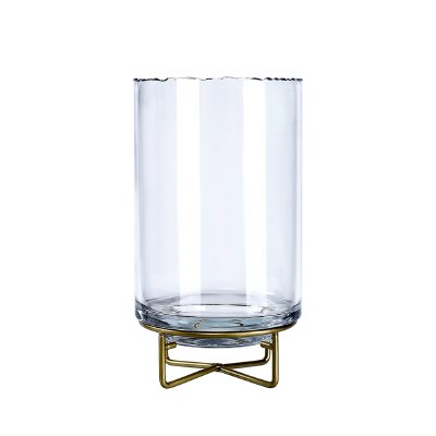 9" Clear Hurricane With a Gold Metal Vase