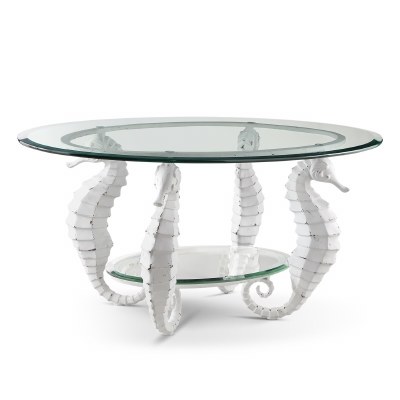 24" x 42" White Metal Seahorse Coffee Table With Glass Top and Shelf