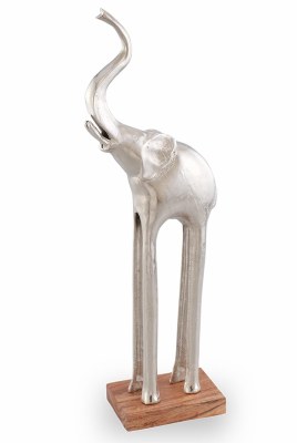 24" Silver Metal Trumpeting Elephant on Wood Base