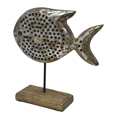 11" Silver Foiled Wood Puranna Fish on Wood Stand