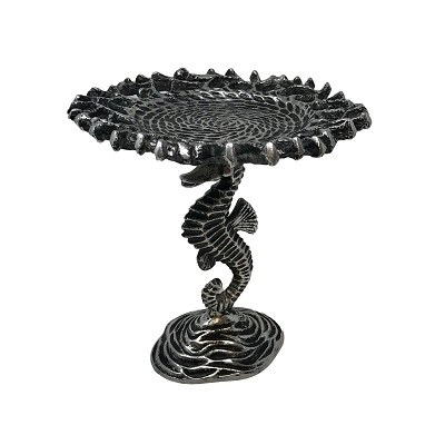 8" Round Antique Silver Seahorse Pedestal With Pillar Candle Plate