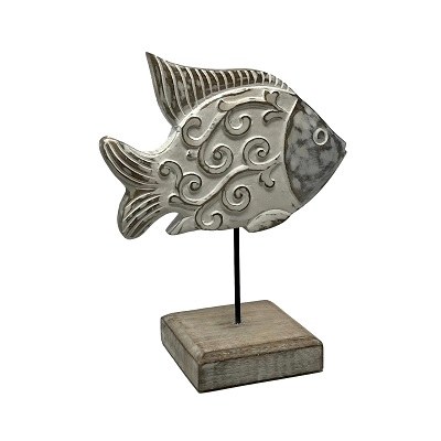 13" Whitewashed Wood Butter Fish With Curl Design and Stand