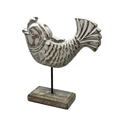 12" Whitewashed Wood Curved Fish With Stand