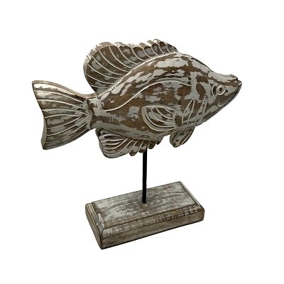 10" Whitewashed Wood Fantail Fish With Stand