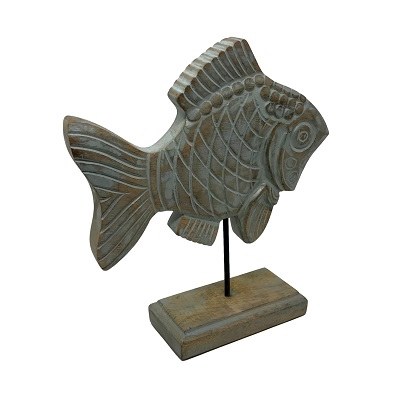 12" Gray Washed Brown Wood Fish on Stand