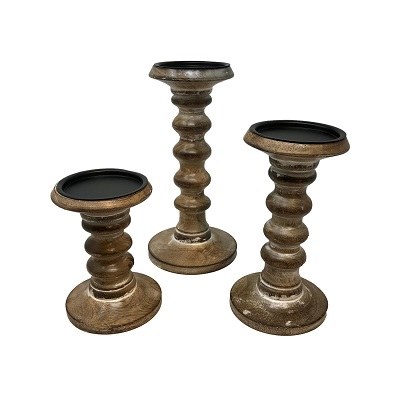 Set of 3 Whitewashed Brown Manor House Pillar Candleholders