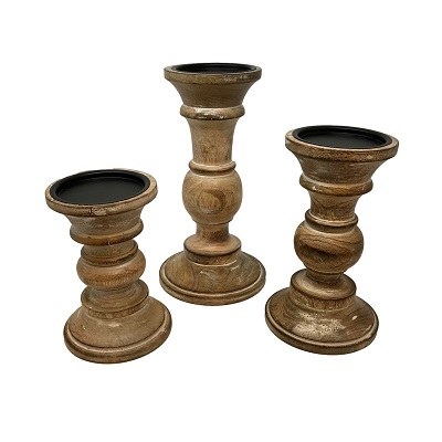 Set of 3 Whitewashed Honey Stained Pillar Candleholders