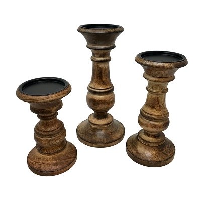 Set of 3 Oak Stained Dodge House Pillar Candleholders