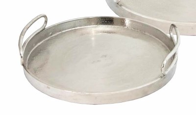 13" Round Silver Metal Tray With Handles