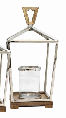 22" Silver Metal Caged Wood Base Candle Lantern