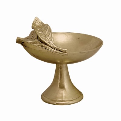 12" Round Gold Metal Pedestal Bowl With Leaf Handle