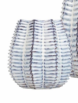 6" White, Blue and Brown Ribbed Ceramic Vase