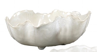 14" Round Large White Ceramic Wavy Edged Footed Magnus Bowl