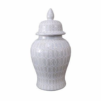 19" White Ceramic Embossed Pattern Jar With Finial Topped Lid
