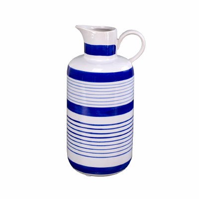 12" Blue Striped White Ceramic Pitcher Vase