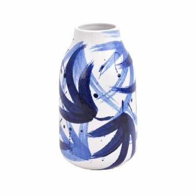 13" White Ceramic Vase With Blue Painted Brushstrokes