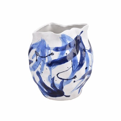 12" White Ceramic Wavy Edge Vase With Blue Painted Brushstrokes