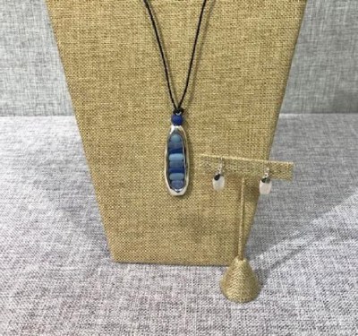 Set of 18" Blue Toned Seaglass Necklace and Metal Drop Earrings