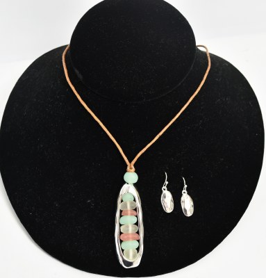 Set of 18" Turquoise, Pink, and White Seaglass Necklace and Metal Drop Earrings