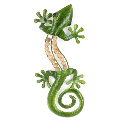 19"  Green Metal Gecko With Wood Beads Wall Plaque