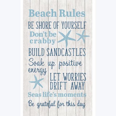24" x 14" White and Blue Beach Rules Wood Plank Wall Plaque