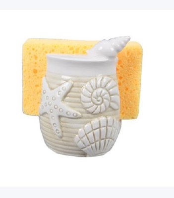4" Beige and White Ceramic Shells Sponge Holder With Sponge