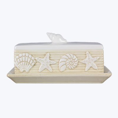 8" White and Beige Ceramic Shells Butter Dish