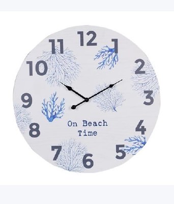 23" Round Blue and White Wood On Beach Time Coral Wall Clock