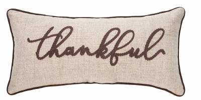10" x 22" Beige Thankful Pillow With Brown Piping Fall and Thanksgiving Decoration