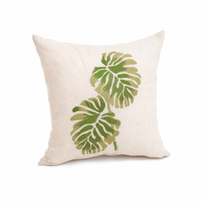 17" Square Green Monstera Leaves Embroidered Beige Cotton Pillow
